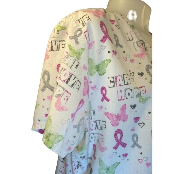 SB Scrub top XL White Breast Cancer Care Hope Heal V Neck 3 Front Pockets - Picture 6 of 8